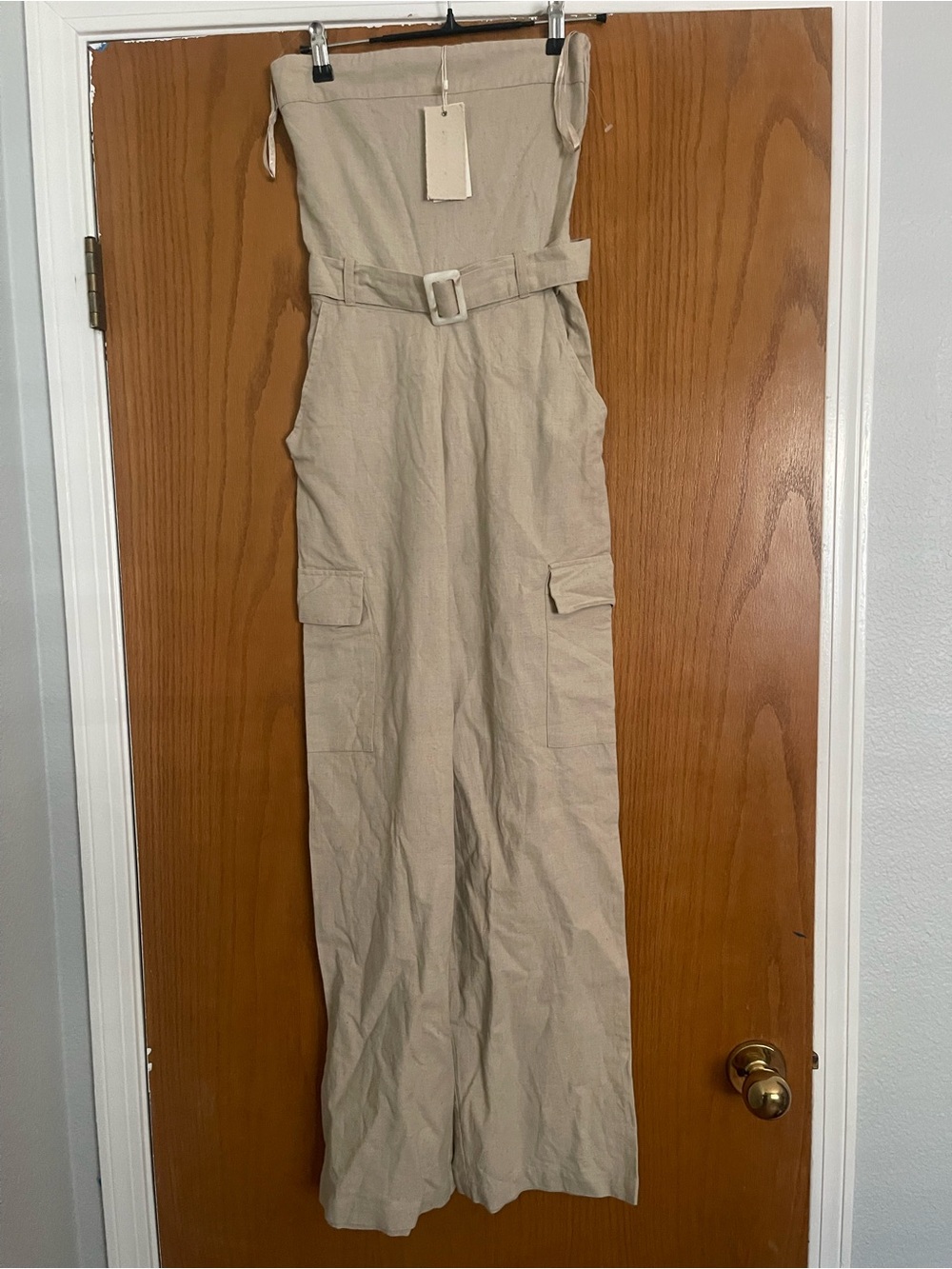 Strapless Belted Cargo Jumpsuit in Light Beige